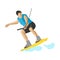 Man wakeboarding in action summer fun hobby water sport character vector illustration extreme wakeboard surfing