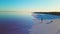 Man walk with Welsh Corgi dog along salt coast of mineral pink salt lake