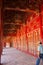 Man walking alone at the Imperial palace corridor, a Unesco world heritage site. Red and golden