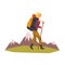 Man walking with backpack and stuff, summer mountain landscape, outdoor adventures, travel, camping, backpacking trip or