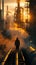 A man is walking on a bridge over a oil refinery plant with a sunset in the background