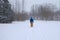 Man walking in the city park during heavy snowstorm, Toronto, Ontario, Canada.