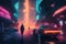 Man walking on digital futurist city inside the metaverse with futurist cars and neon lights. Cyberpunk style. Generative AI