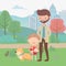 Man walking dog and boy with ball in the park, kids toys