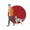 Man is walking with a dog. Man and his best friend dog dalmatian , back side red round view cute cartoon graphic illustration