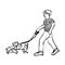 Man walking with dogs leash vector illustration doodle sketch