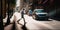 A man walking down a street next to a car. AI generative image . Motion blur.