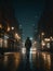 Man Walking Down Street at Night in Urban Area. Generative AI.