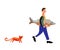 Man walking with fish in hand and cat on white