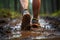 Man walking through mud, splashing water in captivating outdoor adventure