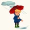 Man walking rain with umbrella hands, raindrops dripping into puddles, boy waterproof jacket rubber boots under raining