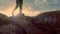 Man walking on rocky stones, enjoying view ocean coast