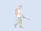 Man walking and spraying a sanitizer disinfectant simple korean style illustration
