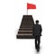 Man walking toward red wavy flag on top of stairs