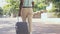 Man, walking and travel with luggage outdoor on city street for holiday, adventure or business. Back of black male with