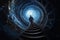 Man walking up spiral stairs space galaxy. Generate ai