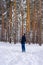 Man walking in winter snow covered forest in cloudy day. Man standing against landscape with pine trees. Human and nature, weekend