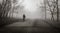 A man walks alone in the spooky fog
