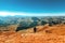 A man walks along the valley. Caucasian ridge. Mountain landscape. view sunny day