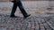 Man walks on the background of a city canal, close-up,