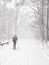 Man walks country road through forest under winter whiteout