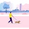 A man walks with a dog. Active lifestyle. The owner with the animal. Against city and electric train background, Vector