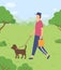 Man walks with dog in the park or forest. Outdoor activity. Recreation on fresh air. Flat image