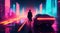 A man walks down the highway in neon cyberpunk style by Generative AI