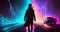 A man walks down the highway in neon cyberpunk style by Generative AI