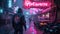 Man walks down street in futuristic cyberpunk city with sign Metaverse, scenery of dark urban grungy alley with neon light in rain