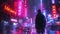 Man walks down wet street of cyberpunk city, neon sign Metaverse in dark futuristic town in rain. Concept of future, virtual