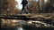 Man walks by old wooden bridge