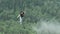 A man walks on a rope stretched at an altitude between two peaks in the Siberian nature reserve Stolby.