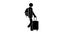 Man walks with travel suitcase on four wheels and backpack behind his back