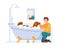 Man washes his dog in bathtub. Puppy bathing. Person cleaning domestic animals fur with shampoo in bathroom. Soap foam