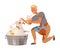 Man washing dog in basin. Househusband at daily routine cartoon vector illustration
