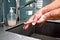 Man washing soapy, men`s hands with running water