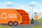 Man Waste Collector or Garbageman in Orange Uniform Collecting Municipal Solid Waste and Recyclables in Garbage Truck