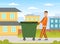 Man Waste Collector or Garbageman in Orange Uniform Pushing Dustbin with Municipal Solid Waste and Recyclables Vector