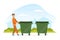 Man Waste Collector or Garbageman in Orange Uniform Pushing Dustbin with Municipal Solid Waste and Recyclables Vector