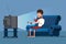 Man watches TV on sofa with coffee cup vector illustration