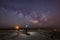 Man watching the moon and Milky Way Galaxy rise