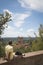 Man watching over Tuscan landscape in San Miniato, Italy