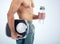 Man, water bottle or scale for body fitness, workout or training progress in healthcare wellness, diet control or muscle