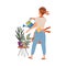 Man watering potted houseplants. Househusband doing daily routine cartoon vector illustration
