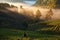 Man watering strawberry field with mist morning sunrise at Doi A