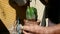 A man waters a cactus. Astrophytum Myriostigma 4K learning video.