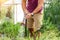 Man waters indoor plants grown in industrial greenhouses from a hose with a shower sprayer