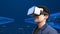 A Man wear VR Headset on digital background.