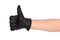 Man wearing black leather glove on white background, closeup. Thumb up